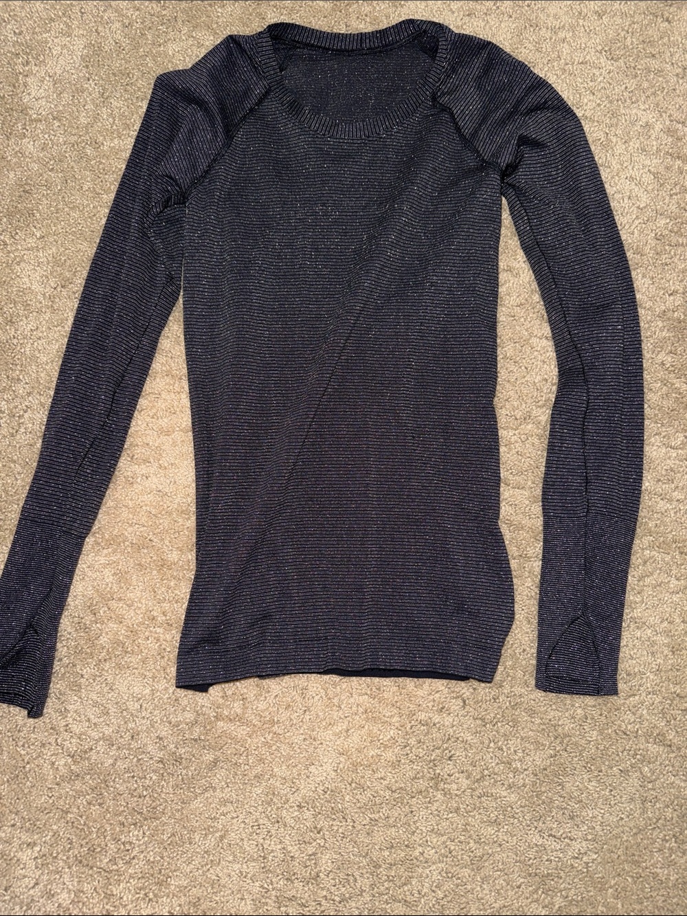 Long Sleeve Ribbed Knit Top - Navy with Metallic Thread